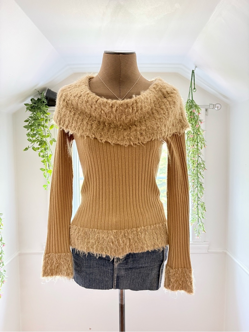 Women's Camel Fuzzy Trim Off the Shoulder Sweater